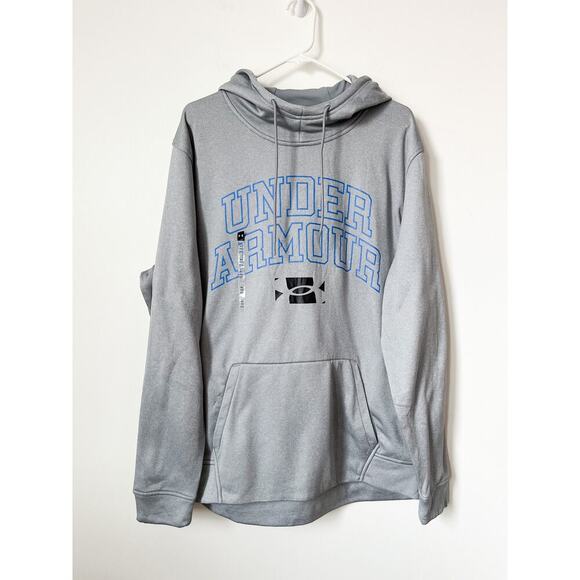NWT Under Armour Loose Hoodie Sweatshirt Mens XL Gray Blue Spellout Logo - Picture 1 of 12